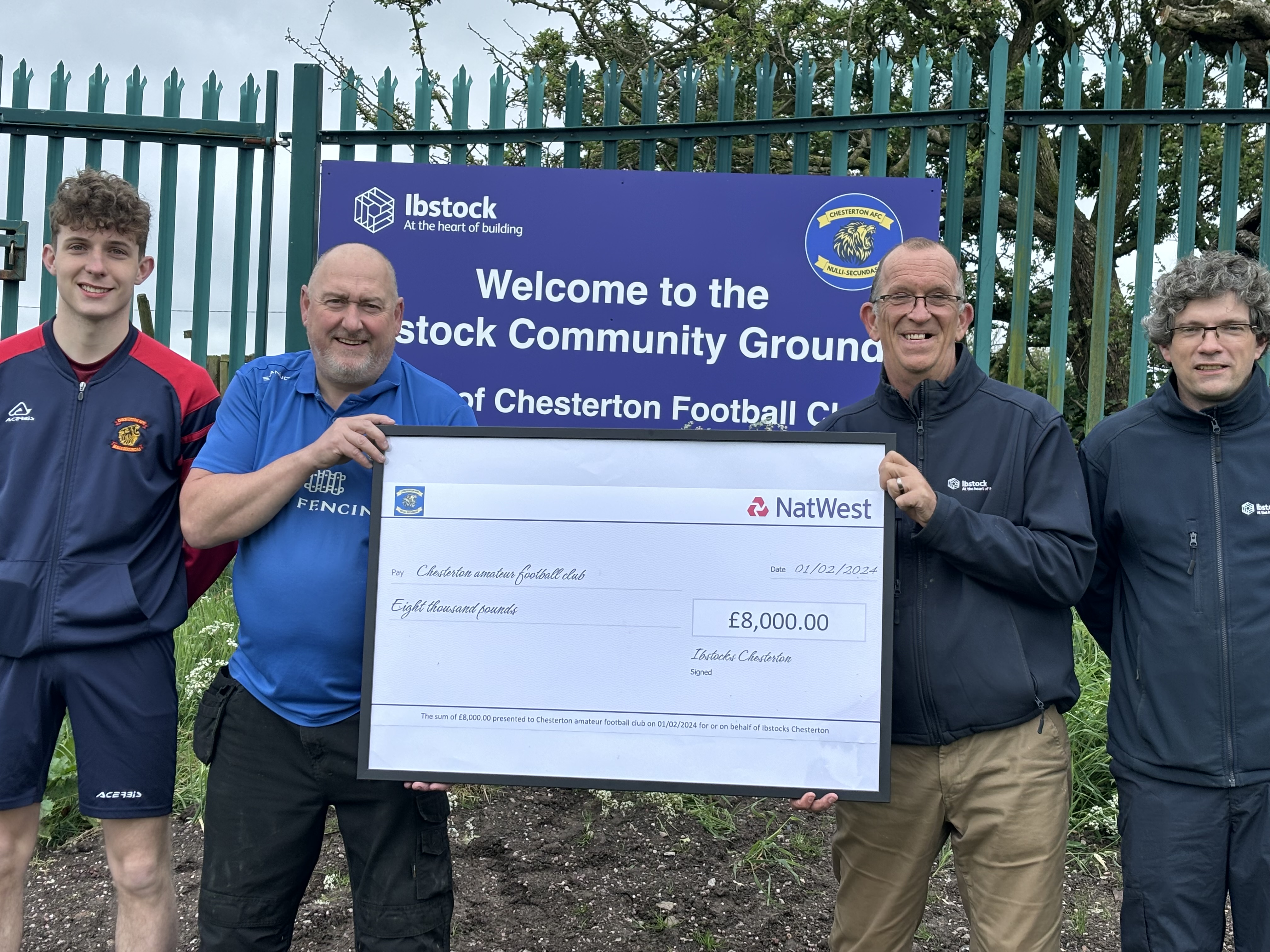 Chesterton AFC receive £8000 check from club sponsors Ibstock