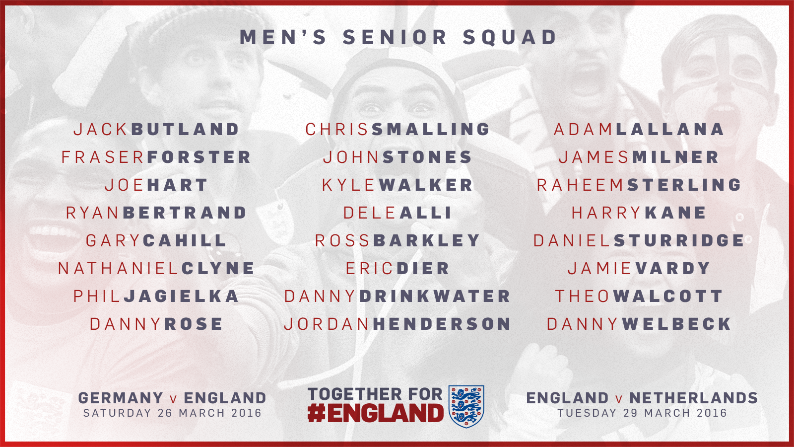 England squad for Germany & Netherlands friendlies named